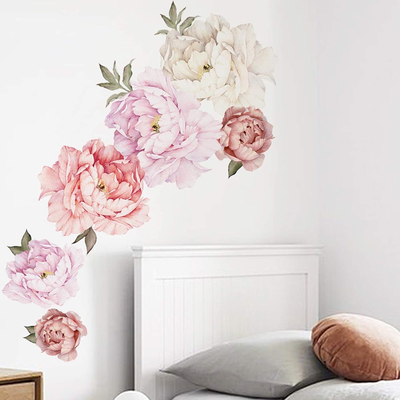 Watercolor Peony Flowers Wall Decals – Floral Vinyl Stickers for Living Room, Bedroom & Girls’ Room | Pink & White Blossom Wall Art (Peony-18)